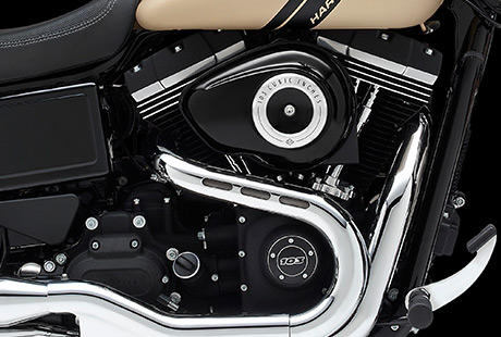 Dyna Fat Bob / Schwarzer Twin Cam 103 Motor:    Dieses Bike sticht aus der Masse hervor, auch wenn die Sonne sich lngst verzogen hat. Mit dem in tiefem Schwarz gehaltenen, vibrationsisoliert aufgehngten, luftgekhlten Twin Cam 103 Motor unter dem Sattel gehrt die Nacht Ihnen. Und sollte das noch nicht gengen, so berzeugt sptestens das tiefe und heisere Grollen davon, dass Rckzug keine Option fr Sie ist.
