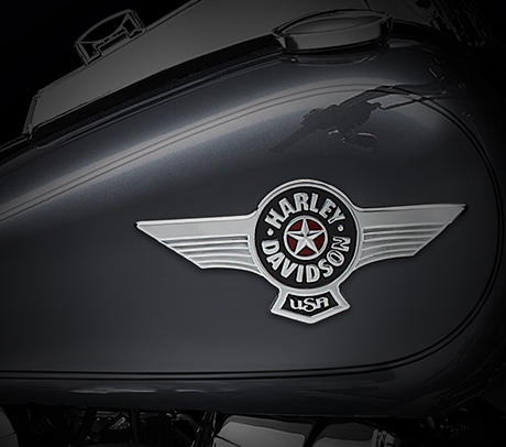 Softail Fat Boy Special / Custom-Features am Tank:    Der wuchtige Tank mit ledernem Tank Strap und verchromten Emblemen wird von einer verchromten Tankkonsole gekrnt. In den Tacho der Fat Boy ist ein groes Display fr den Kilometerzhler, den eingelegten Gang und die Motordrehzahl integriert  Sie haben alles perfekt im Blick.
